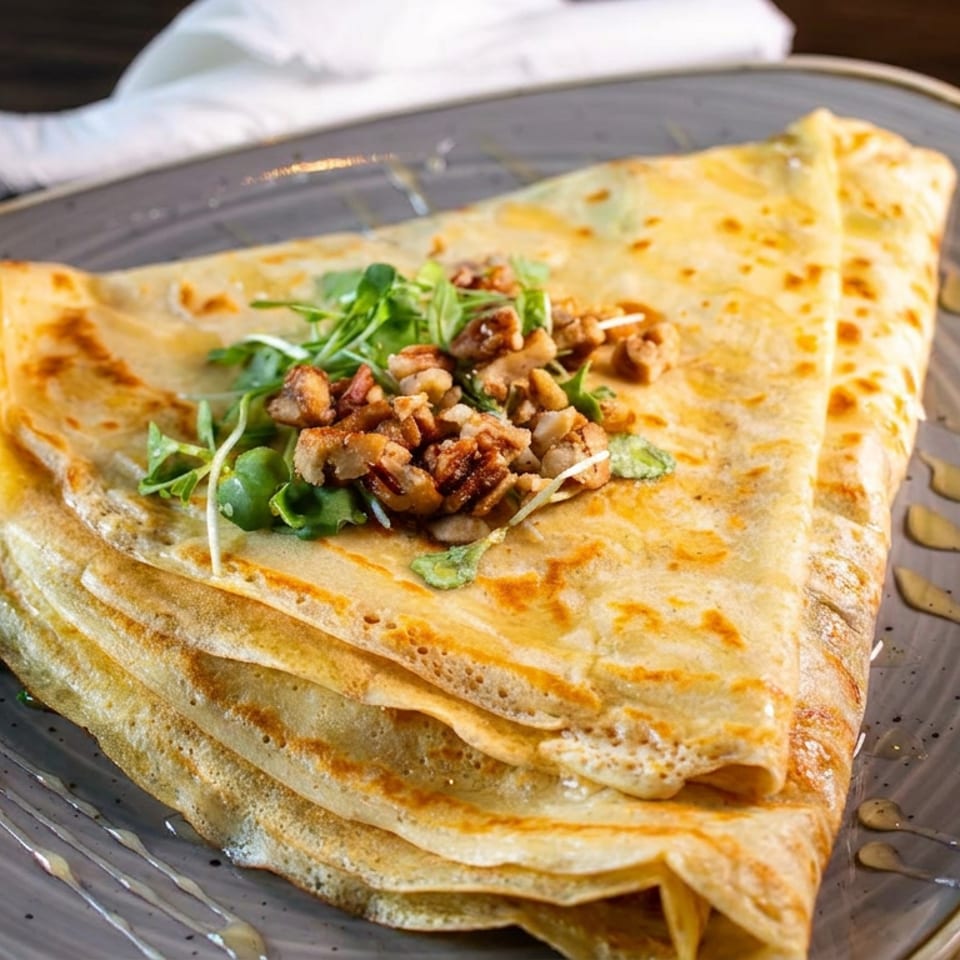 Folded crepe topped with nuts, greens, and a drizzle of syrup on a gray plate.