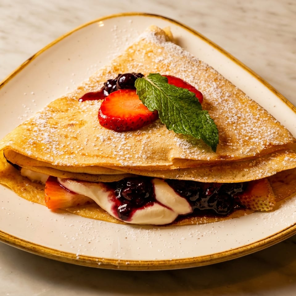 A folded crepe dusted with powdered sugar, topped with strawberries, blueberries, and mint.