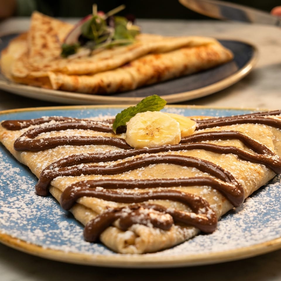 Two crepes on blue plates, one with chocolate, banana, and mint, the other savory.