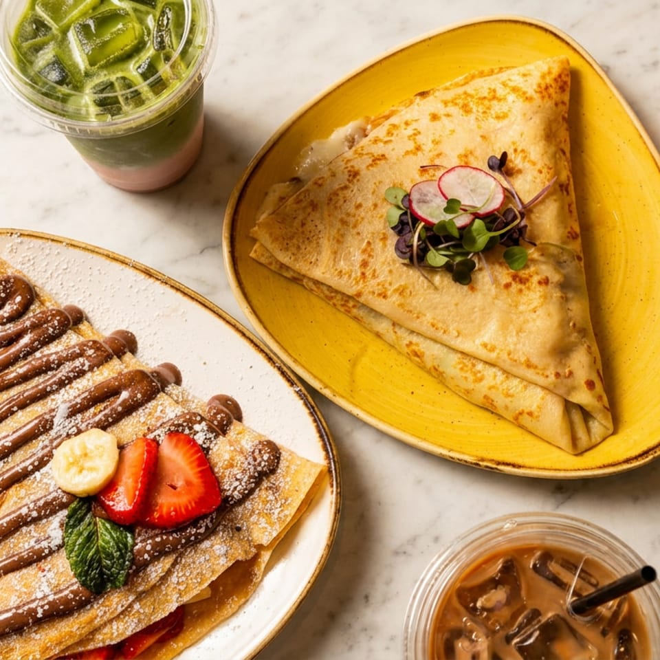 Sweet and savory crepes, one with chocolate, strawberries, and bananas, the other with radish and microgreens, alongside iced drinks.