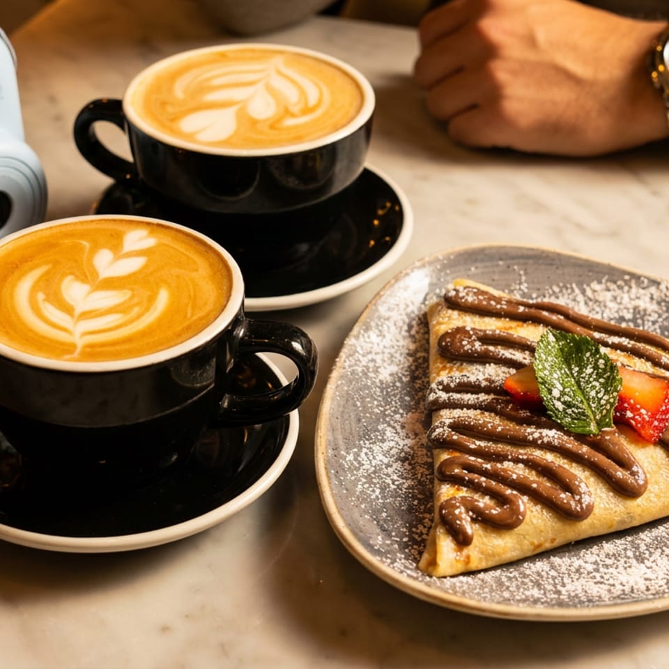 Two lattes with latte art, a chocolate-drizzled crepe, and a light blue instant camera on a marble table.