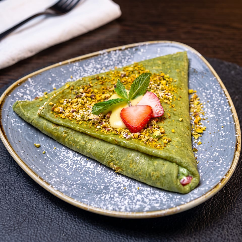 Green crepe folded into a triangle, topped with pistachios, cream, strawberries, and mint.
